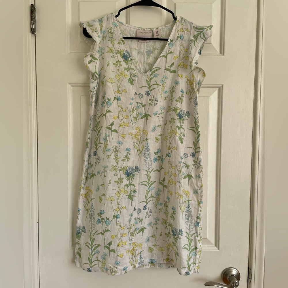 Laura Ashley Linen Dress with Green and Yellow Floral Pattern